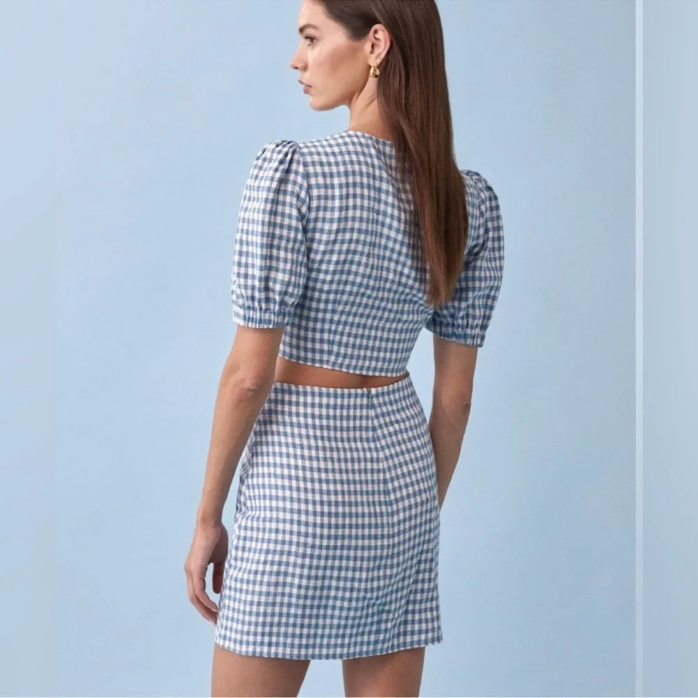 Reformation Ethel Linen Two Piece Azure Check - Size 10